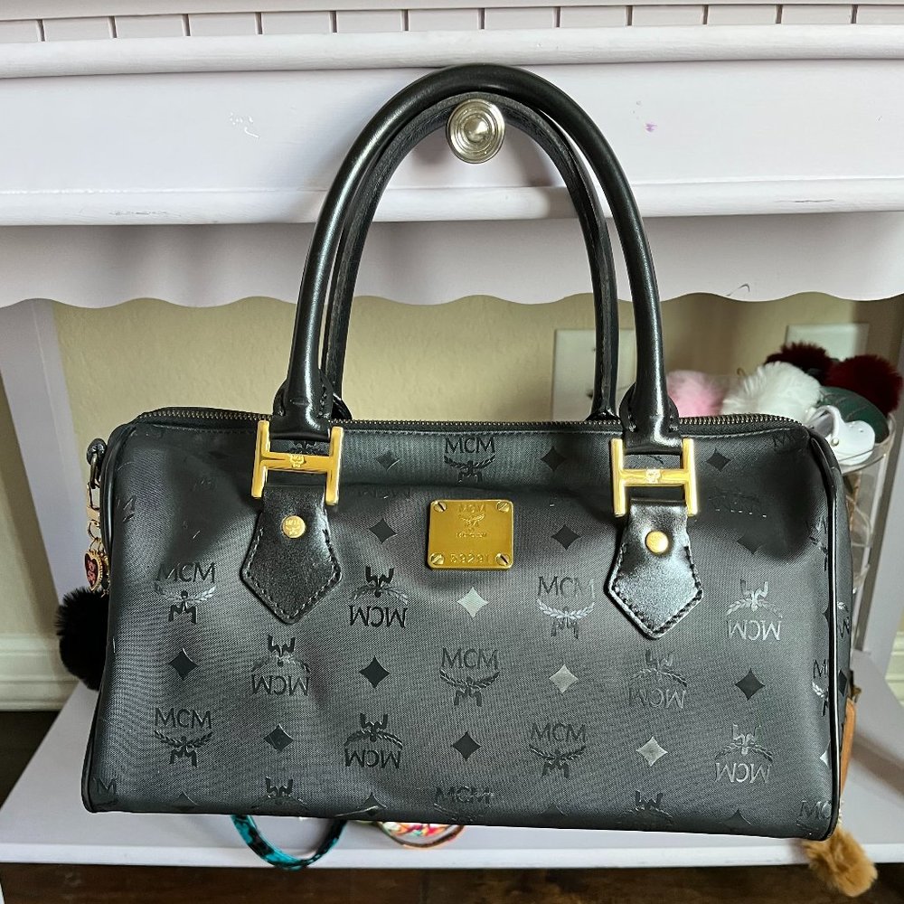 MCM Black Logo Boston Satchel with Gold Hardware